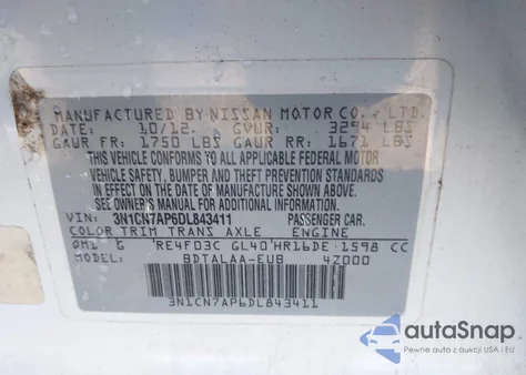 2013 Nissan Versa 1.6 S из США, поврежденный, VIN 3N1CN7AP6DL843411